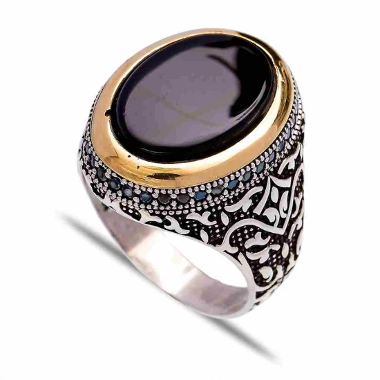Turkish Black Oval Wave Scroll Men Sterling Silver Ring Turkish Black Oval Wave Scroll Men Sterling Silver Ring