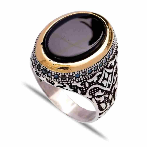 Turkish Black Oval Wave Scroll Men Sterling Silver Ring