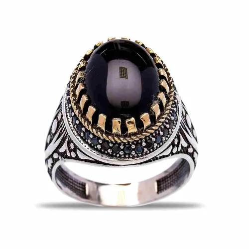 Turkish Black Oval Claw Leaf Men Sterling Silver Ring Turkish Black Oval Claw Leaf Men Sterling Silver Ring