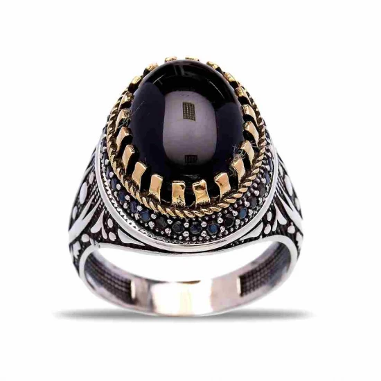 Turkish Black Oval Claw Leaf Men Sterling Silver Ring - Sade 925 Silver Jewelry