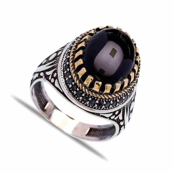 Turkish Black Oval Claw Leaf Men Sterling Silver Ring - Sade 925 Silver Jewelry