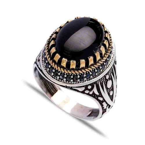 Turkish Black Oval Claw Leaf Men Sterling Silver Ring