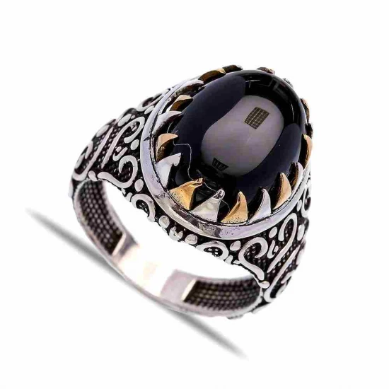 Turkish Black Oval Pointed Bezel Men 925 Silver Ring - Sade 925 Silver Jewelry