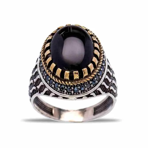 Turkish Black Oval Claw Wavy Men Sterling Silver Ring Turkish Black Oval Claw Wavy Men Sterling Silver Ring