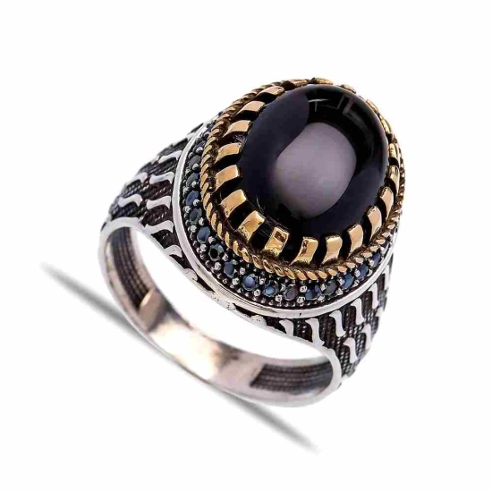 Turkish Black Oval Claw Wavy Men Sterling Silver Ring - Sade 925 Silver Jewelry