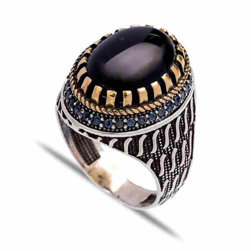 Turkish Black Oval Claw Wavy Men Sterling Silver Ring