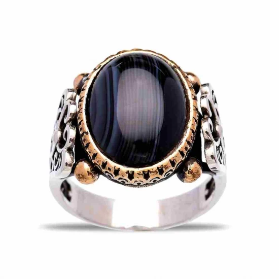 Turkish Black Oval Scroll Prong Men 925 Silver Ring | 925 Sterling Silver Wholesale | Sade Silver Turkish Black Oval Scroll Prong Men 925 Silver Ring - Sade 925 Silver Jewelry