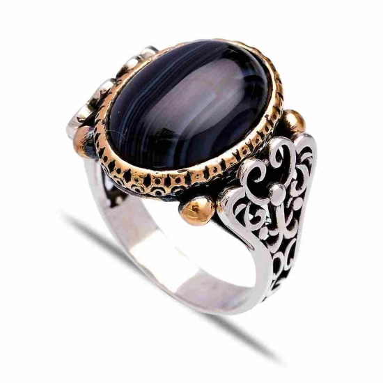 Turkish Black Oval Scroll Prong Men 925 Silver Ring | 925 Sterling Silver Wholesale | Sade Silver Turkish Black Oval Scroll Prong Men 925 Silver Ring - Sade 925 Silver Jewelry