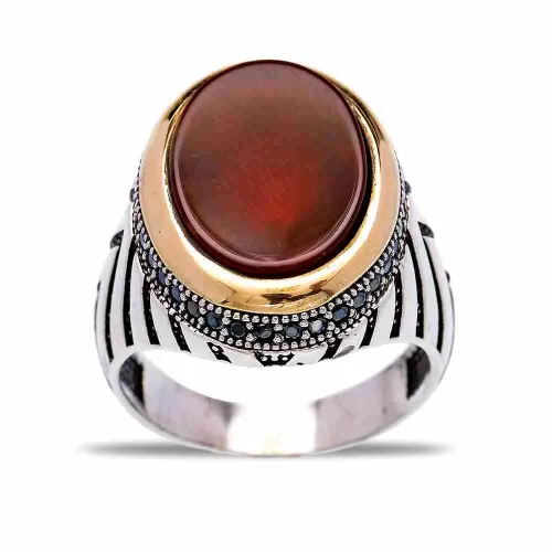 Turkish Red Oval Diagonal Stripe Men 925 Silver Ring Turkish Red Oval Diagonal Stripe Men 925 Silver Ring