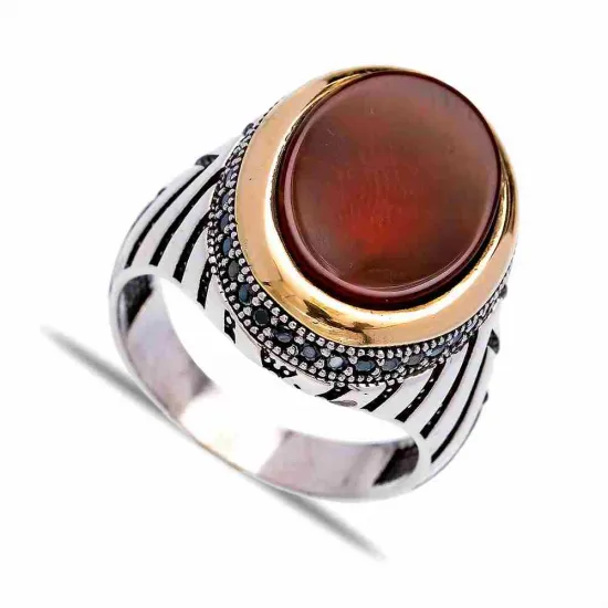 Turkish Red Oval Diagonal Stripe Men 925 Silver Ring | 925 Sterling Silver Wholesale | Sade Silver Turkish Red Oval Diagonal Stripe Men 925 Silver Ring - Sade 925 Silver Jewelry