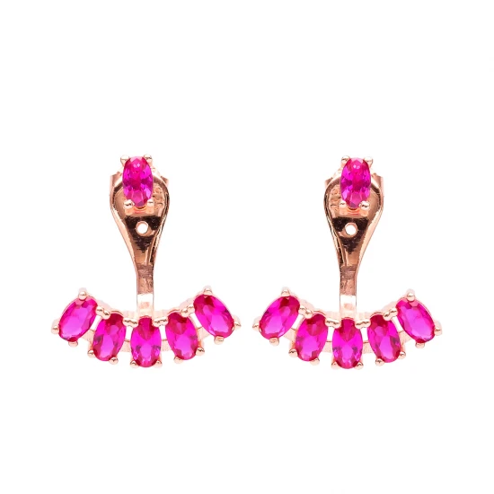 Turkish Fuchsia Oval Fan CZ 925 Silver Ear Jackets | 925 Sterling Silver Wholesale | Sade Silver Turkish Fuchsia Oval Fan CZ 925 Silver Ear Jackets - Sade 925 Silver Jewelry
