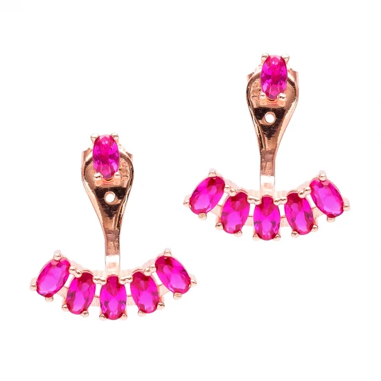 Turkish Fuchsia Oval Fan CZ 925 Silver Ear Jackets | 925 Sterling Silver Wholesale | Sade Silver Turkish Fuchsia Oval Fan CZ 925 Silver Ear Jackets - Sade 925 Silver Jewelry