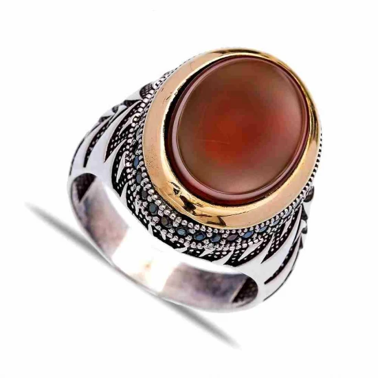 Turkish Red Oval Leaf Men 925 Sterling Silver Ring - Sade 925 Silver Jewelry