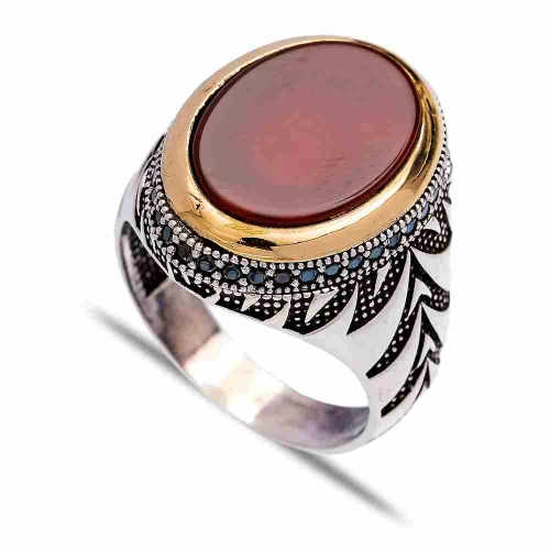 Turkish Red Oval Leaf Men 925 Sterling Silver Ring