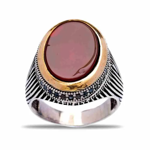 Turkish Red Oval Ribbed Men 925 Sterling Silver Ring Turkish Red Oval Ribbed Men 925 Sterling Silver Ring