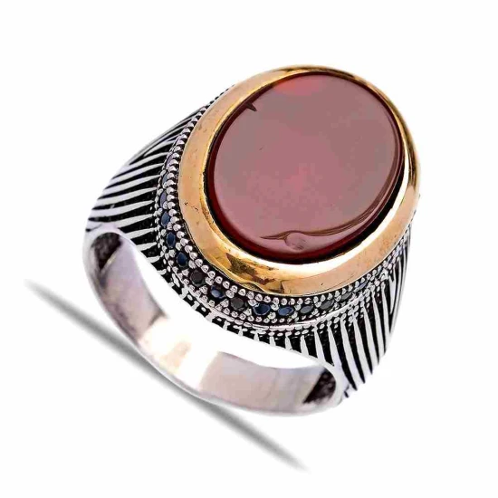 Turkish Red Oval Ribbed Men 925 Sterling Silver Ring - Sade 925 Silver Jewelry