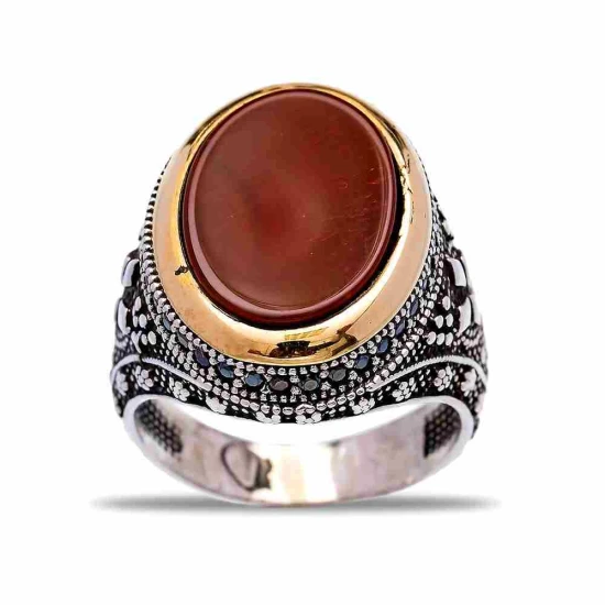 Turkish Red Oval Scroll Frame Men Sterling Silver Ring | 925 Sterling Silver Wholesale | Sade Silver Turkish Red Oval Scroll Frame Men Sterling Silver Ring - Sade 925 Silver Jewelry