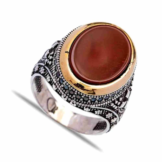 Turkish Red Oval Scroll Frame Men Sterling Silver Ring | 925 Sterling Silver Wholesale | Sade Silver Turkish Red Oval Scroll Frame Men Sterling Silver Ring - Sade 925 Silver Jewelry