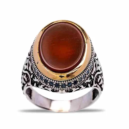 Turkish Red Oval Wave Scroll Men Sterling Silver Ring Turkish Red Oval Wave Scroll Men Sterling Silver Ring