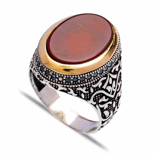 Turkish Red Oval Wave Scroll Men Sterling Silver Ring