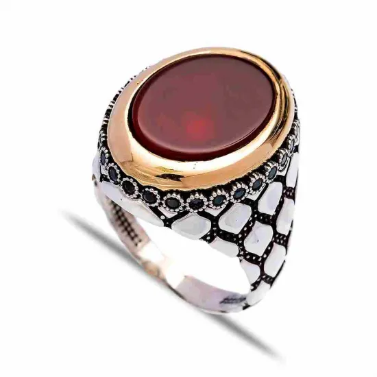 Turkish Red Oval Diamond Pattern Men 925 Silver Ring Turkish Red Oval Diamond Pattern Men 925 Silver Ring