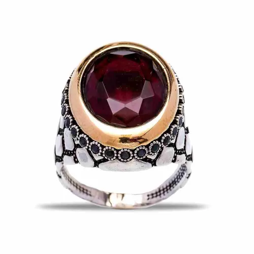 Turkish Red Faceted Oval Lattice Men 925 Silver Ring Turkish Red Faceted Oval Lattice Men 925 Silver Ring
