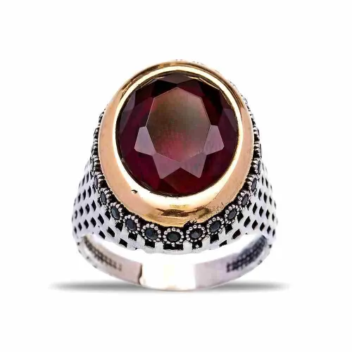 Turkish Red Faceted Oval Checker Men 925 Silver Ring Turkish Red Faceted Oval Checker Men 925 Silver Ring