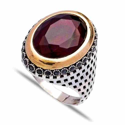 Turkish Red Faceted Oval Checker Men 925 Silver Ring
