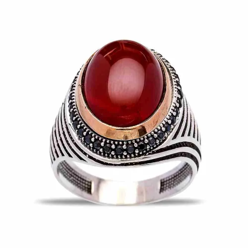 Turkish Red Oval Curved Stripe Men Sterling Silver Ring Turkish Red Oval Curved Stripe Men Sterling Silver Ring