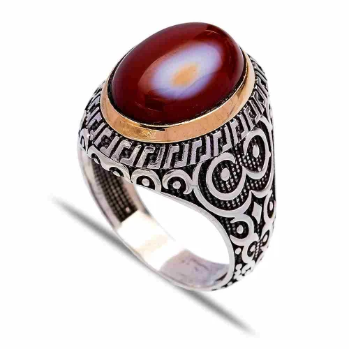 Turkish Red Oval Circle Pattern Men 925 Silver Ring