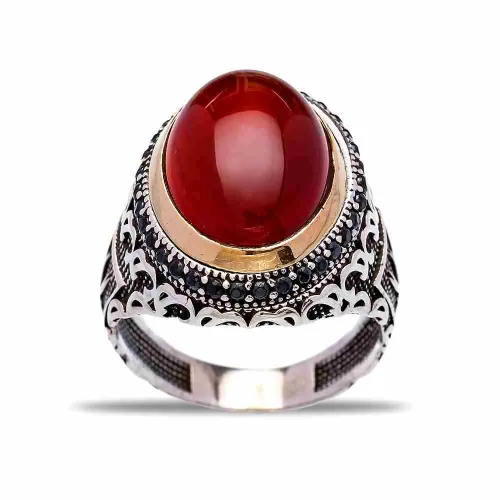 Turkish Red Oval Floral Scroll Men Sterling Silver Ring Turkish Red Oval Floral Scroll Men Sterling Silver Ring