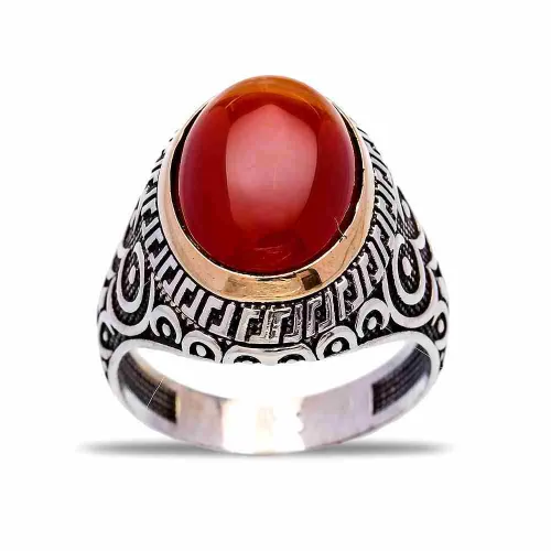 Turkish Orange Oval Circle Pattern Men 925 Silver Ring Turkish Orange Oval Circle Pattern Men 925 Silver Ring