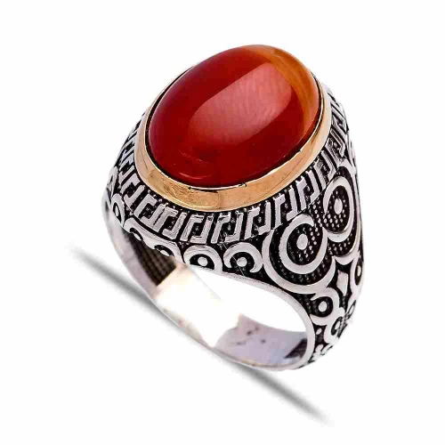 Turkish Orange Oval Circle Pattern Men 925 Silver Ring