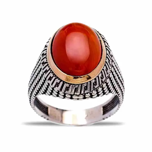 Turkish Orange Oval Beaded Men 925 Sterling Silver Ring Turkish Orange Oval Beaded Men 925 Sterling Silver Ring