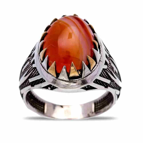 Turkish Orange Oval Pointed Sunray Men 925 Silver Ring