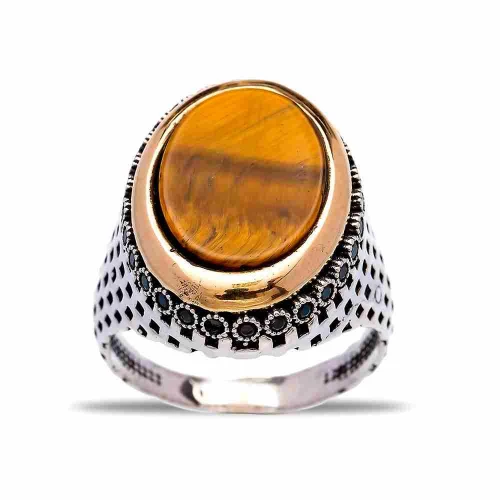 Turkish Brown Oval Checker Men 925 Sterling Silver Ring