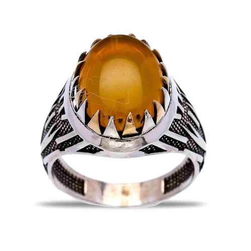 Turkish Yellow Oval Pointed Sunray Men 925 Silver Ring