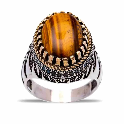Turkish Brown Oval Claw Leaf Men Sterling Silver Ring