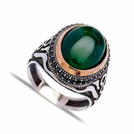 Turkish Green Oval Circle Pattern Men 925 Silver Ring Turkish Green Oval Circle Pattern Men 925 Silver Ring