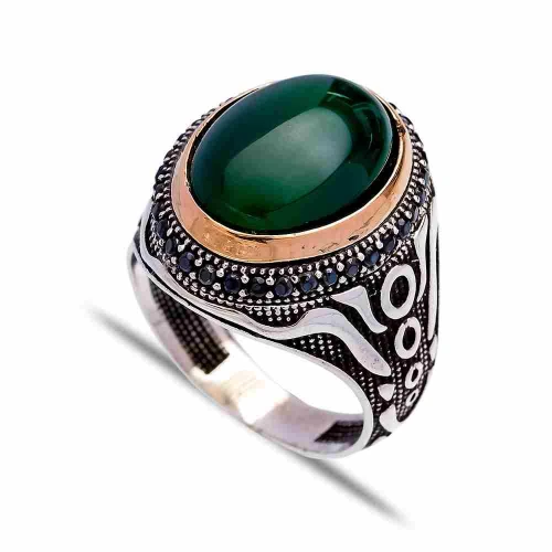 Turkish Green Oval Circle Pattern Men 925 Silver Ring