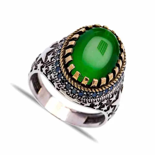 Turkish Green Oval Claw Star Men Sterling Silver Ring