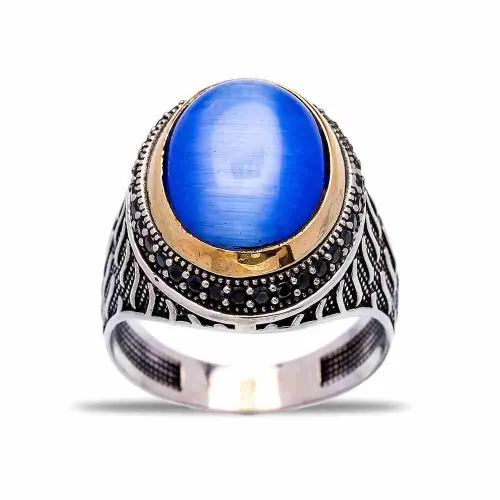 Turkish Blue Oval Wavy Texture Men Sterling Silver Ring