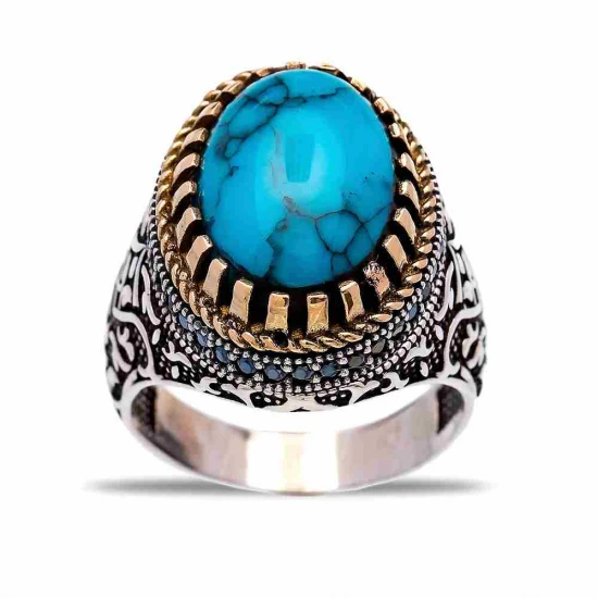 Turkish Turquoise Oval Ottoman Style Men Silver Ring | 925 Sterling Silver Wholesale | Sade Silver Turkish Turquoise Oval Ottoman Style Men Silver Ring - Sade 925 Silver Jewelry