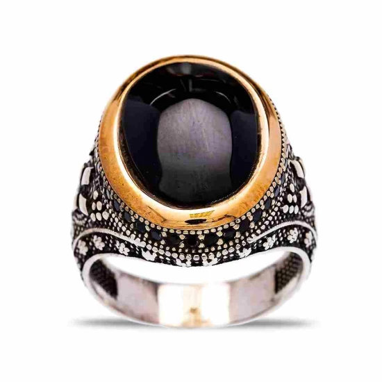 Turkish Black Oval Scrolled Frame Men Silver Ring - Sade 925 Silver Jewelry