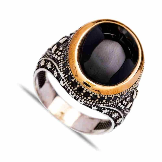 Turkish Black Oval Scrolled Frame Men Silver Ring - Sade 925 Silver Jewelry