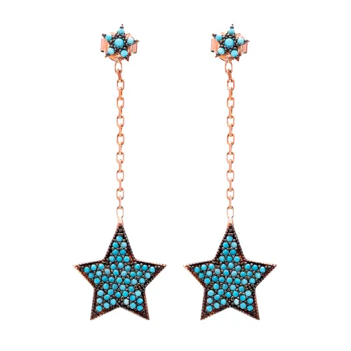 Turkish Micro Turquoise Star Long 925 Silver Earrings
