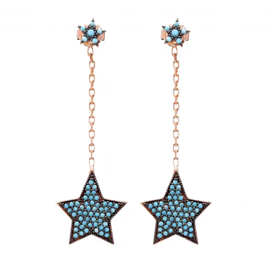 Turkish Micro Turquoise Star Long 925 Silver Earrings