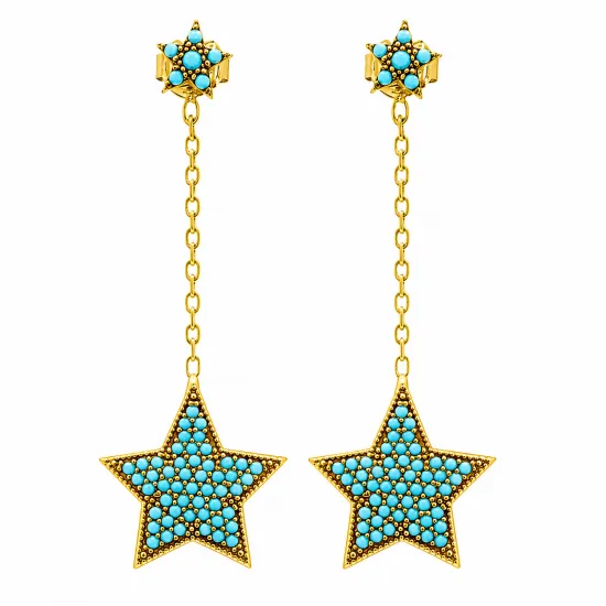 Turkish Micro Turquoise Star Long 925 Silver Earrings