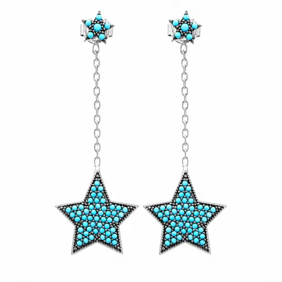Turkish Micro Turquoise Star Long 925 Silver Earrings