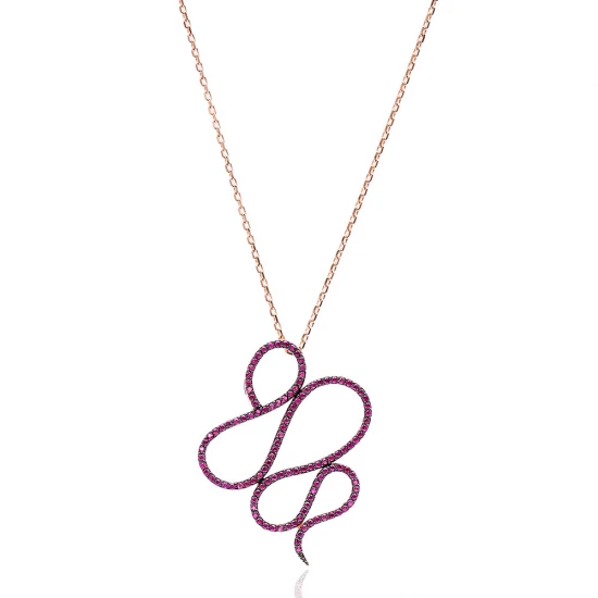 Turkish Fuchsia Looped Abstract CZ 925 Silver Necklace